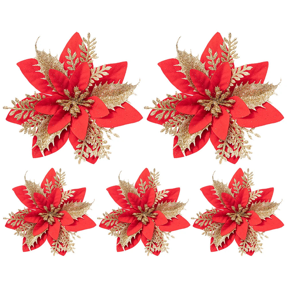 20/10PCS Artificial Poinsettia Flower Merry Christmas Festival Holiday Decoration Garland Christmas Tree Decoration Ornaments