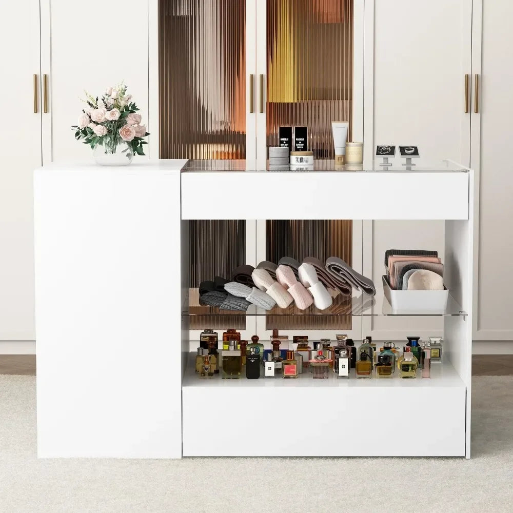 Wardrobe Armoire Bedroom Island,Closet Storage Cabinet Open Shelves for Bedroom White with Glass Top, Glass Display Shelf