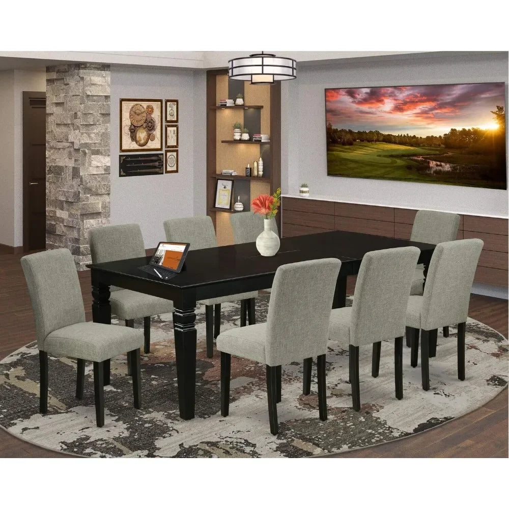 9 Piece Dining Room Furniture Set Includes a Rectangle Wooden Table with Butterfly Leaf and 8 Shitake Linen Fabric Parson Chairs