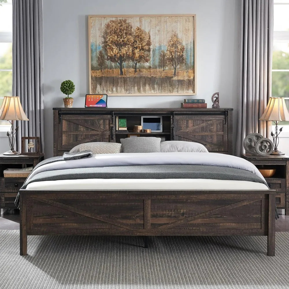 Sliding Barn Door Double Bed Dark Rustic Oak No Box Spring Needed Rustic Wood Platform Bed W/Wood Slats Support Charging Station