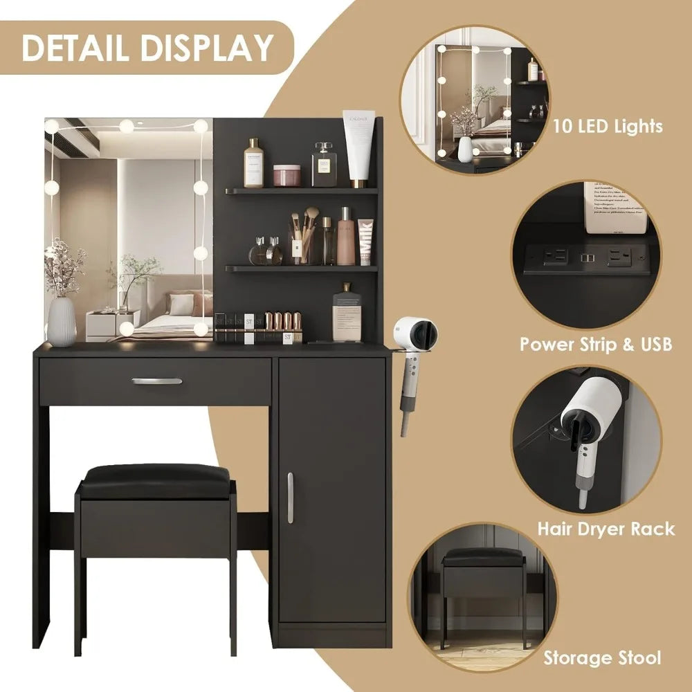 Vanity Desk with Lighted Mirror & Power Strip,Makeup Vanity Table with Lights and Lots Storage,3 Lighting Modes, Dressing Table