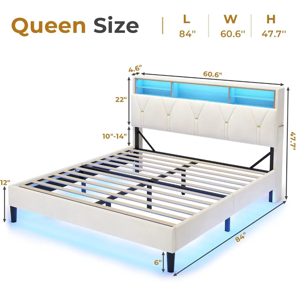 Bed Frame with Storage Headboard and RGB LED Lights with Type-C & USB Charging Station, Upholstered Platform Bed Frame