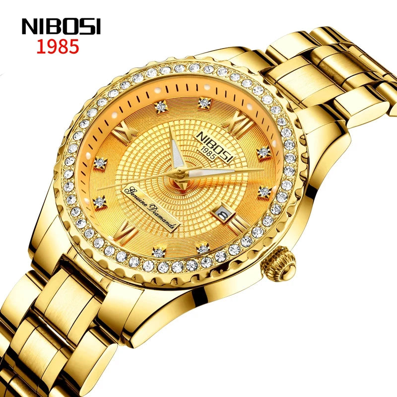 NIBOSI Brand Luxury Gold Quartz Watch for Women Stainless Steel Waterproof Date Fashion Diamond Womens Watches Relogio Feminino