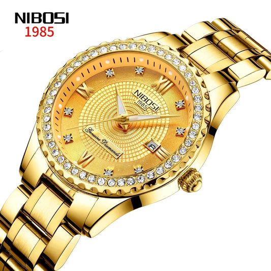 NIBOSI Brand Luxury Gold Quartz Watch for Women Stainless Steel Waterproof Date Fashion Diamond Womens Watches Relogio Feminino