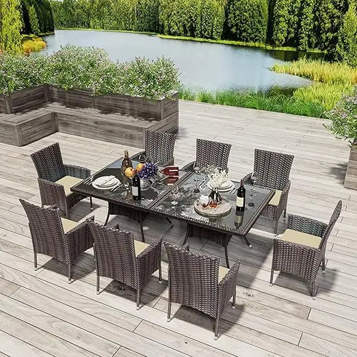 10 Pieces Patio Dining Set, with 2 Square Glass Tabletops 8 Chairs with Grey Cushions, Outdoor Rattan Furniture Dinning Set