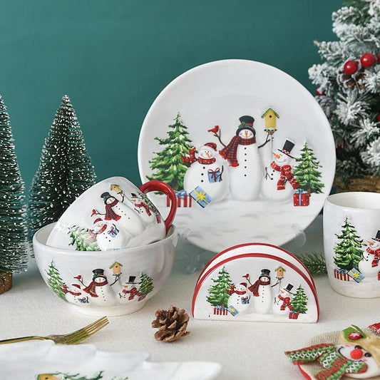 Nordic Style Rural Christmas Snowman Bowls Plates Tableware Relief Rice Salad Bowls Western Style Ceramic Flat Plate Bowl ZE07