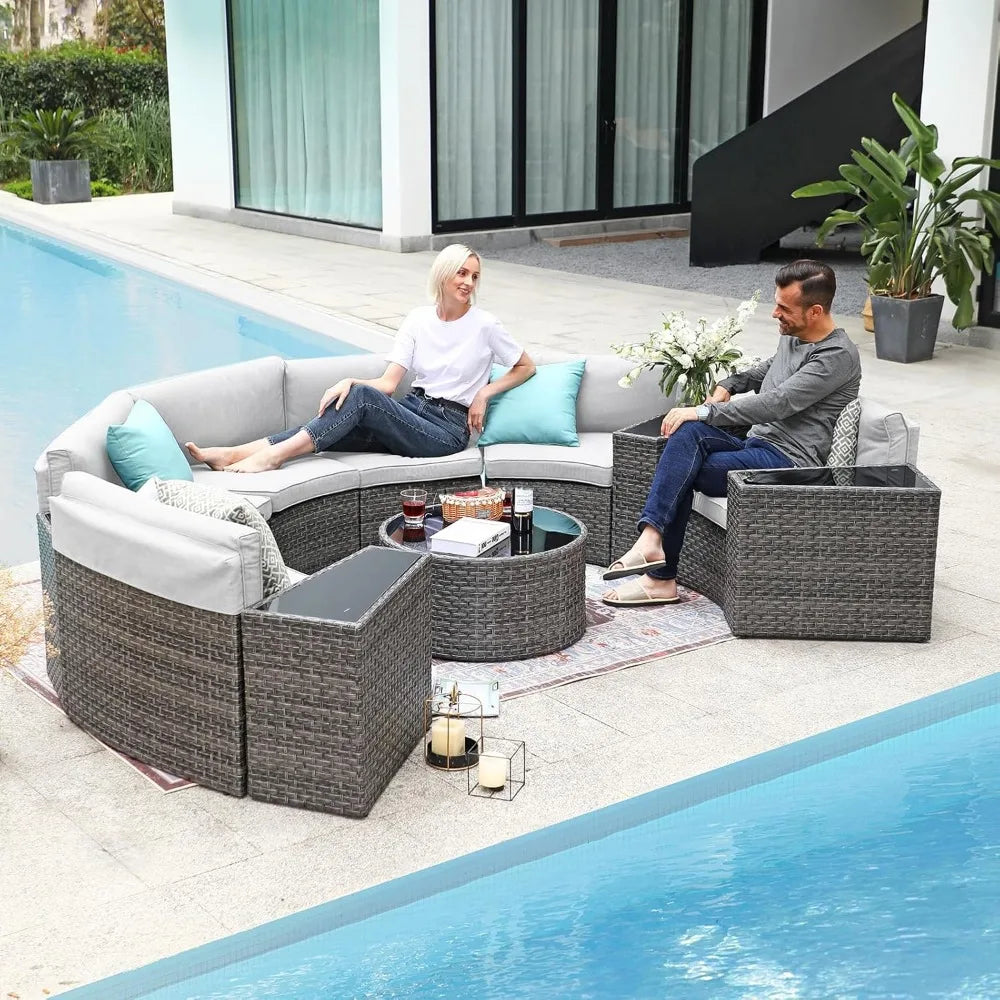 Outdoor Patio Furniture,11Piece Half-Moon Sectional Round Patio Furniture Set,Tempered Glass Round Coffee Table,Outdoor Sofa Set