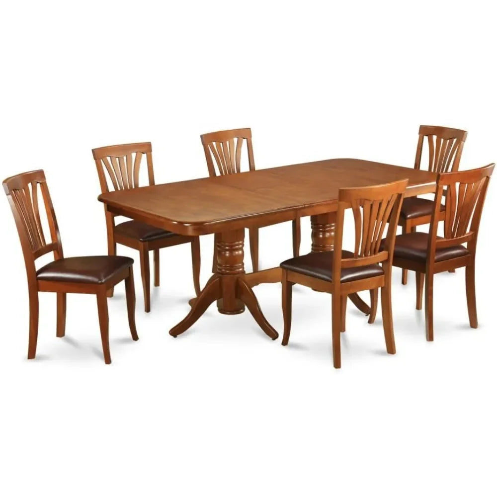 7 Piece Kitchen Set Consist of a Rectangle Table with Butterfly Leaf and 6 Faux Leather Dining Room Chairs, 40x78 Inch