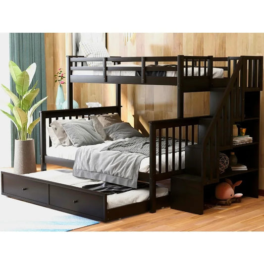 Twin Over Full Bunk Beds with Stairway and 3 Storage Drawers,Solid Wooden with Storage Stairway and Guard Rail for Bedroom, Dorm