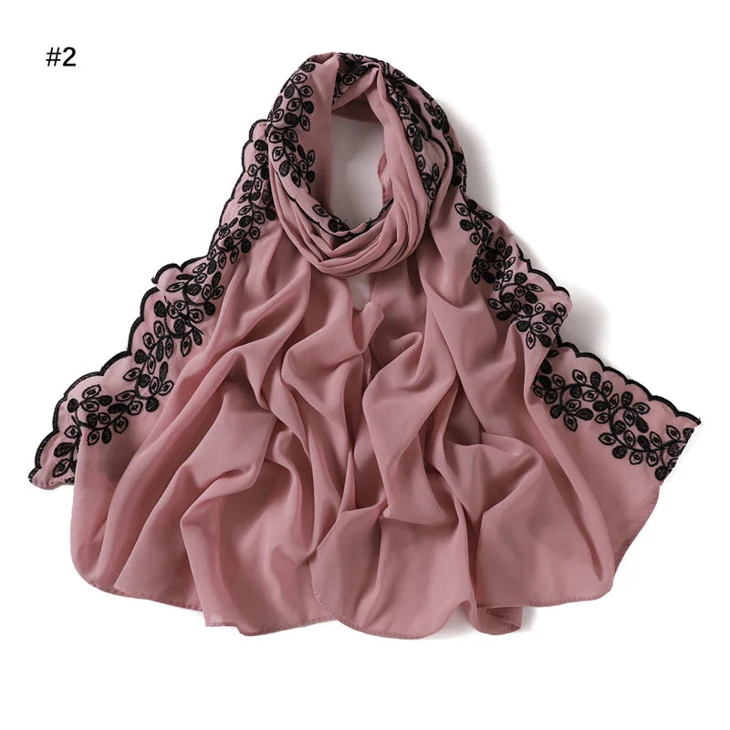 Plain Embroider Floral Bubble Chiffon Hijab Ramadan Lace Stitch Shawls Women Sunscreen Headscarf Outdoor Windproof Head Wrap