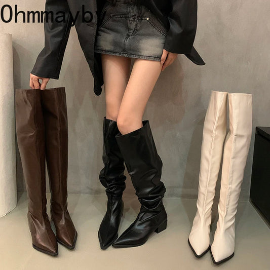 Stretch Soft Leather Women Over the Knee High Boots Fashion Pointed Toe Shoes Autumn Winter Thick Heel Ladies Long Booties