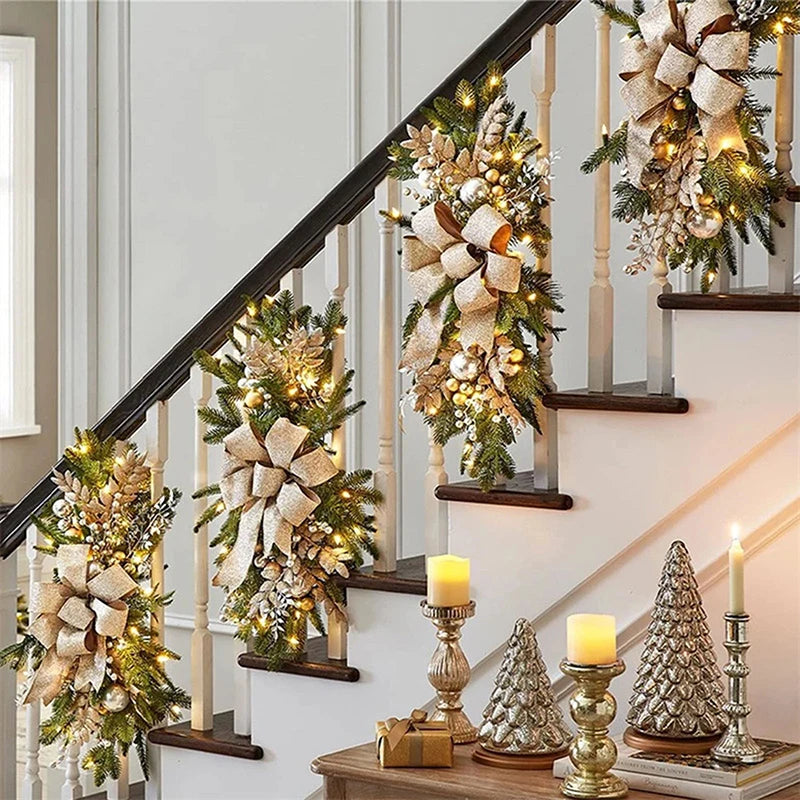 Christmas Swag Wreath Pendants LED Lights Staircase Wreath Ornament Swag Trim Garland Door Window Decoration Party Supplies