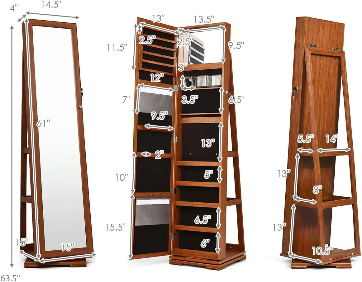 Swivel Jewelry Armoire with Higher Full Length Mirror, Standing Lockable Jewelry Cabinet Organizer with Large Storage Capacity,