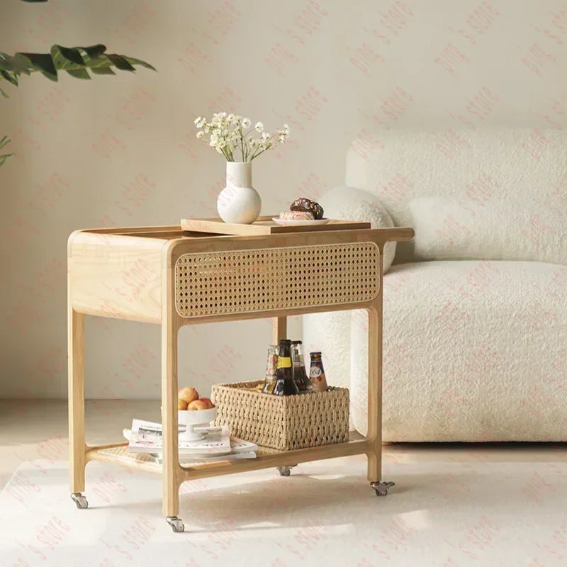 Solid Wood Movable Side Table, Living Room, Multifunctional Black Walnut Small Cart, Sofa, Storage,  Cabinet, Wheel Tea Tabl