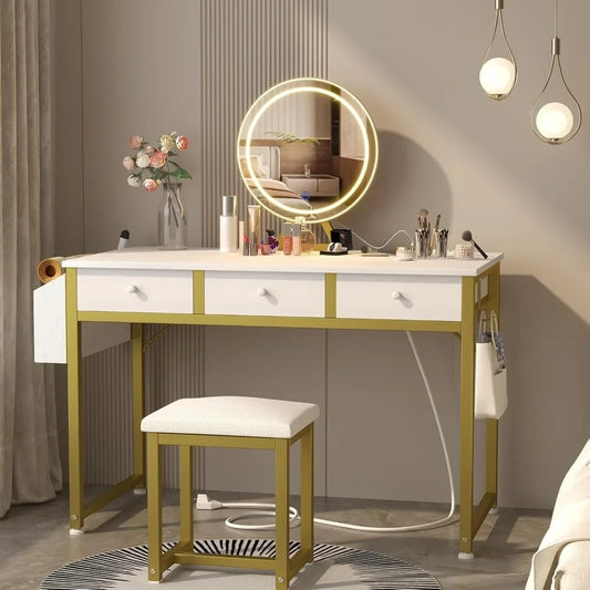 White Makeup Vanity Desk with Mirror and Lights, 40 inch Make Up Vanity Desks with Fabric Drawers & Charging Station,for Bedroom