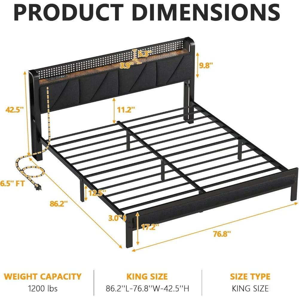 King Bed Frame with Headboard and LED Light, Upholstered Platform with Power Outlet and USB Port, King Size Bed