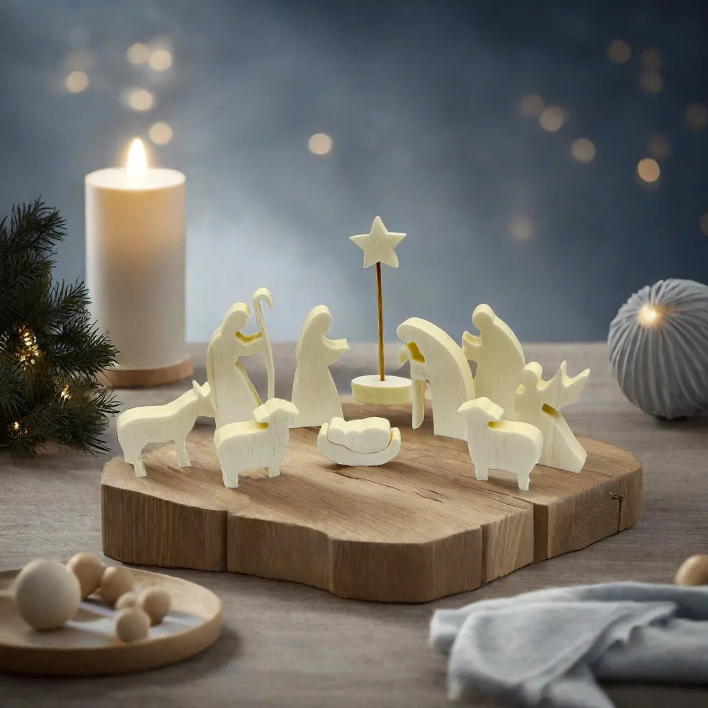 Wooden Nativity Set - Modern Christmas Scene Decoration - Set of 11 Natural Wood Figurines