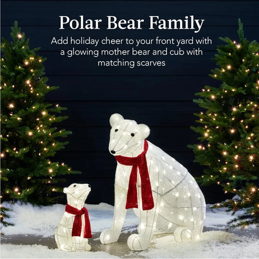 32in 2-Piece Lighted Polar Bear Family, Large All-Weather Pre-Lit Outdoor Christmas Décor for Front Yard