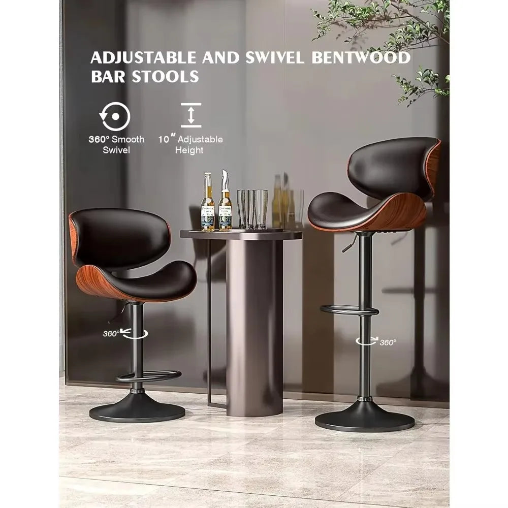 Swivel Bar Stools Set of 2, Adjustable Bentwood Barstools, Modern PU Leather Upholstered Bar Chair with Back and Footrest