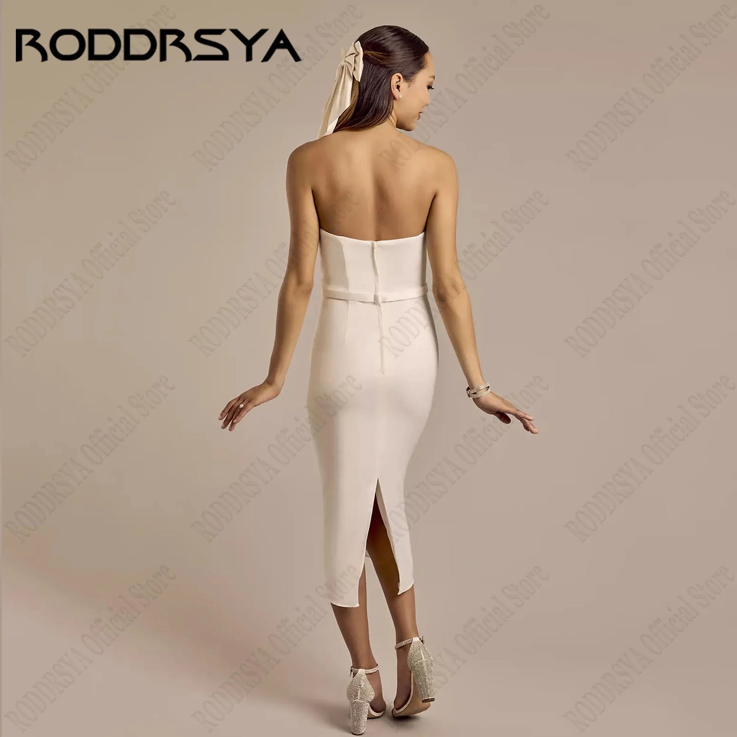 RODDRSYA Simple Strapless Wedding Dresses With Detachable Bow Mermaid Sleeveless Satin Bride Gowns Mid Calf 웨딩드레스 Customized