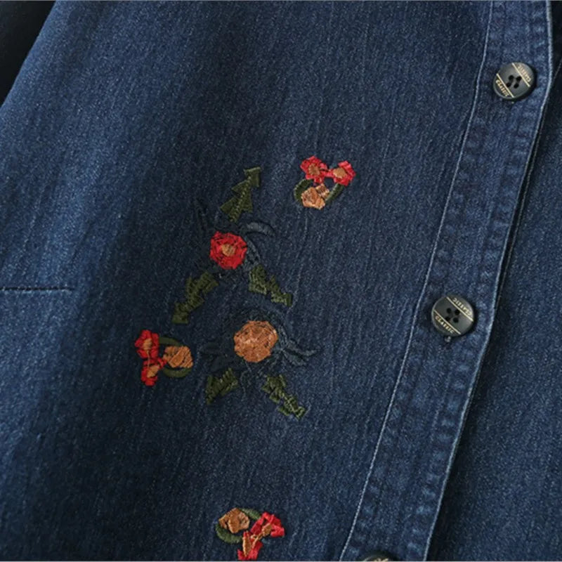 Loose Embroidered Denim Shirt for Women, Long Sleeve Coat, Plus Size, Spring and Autumn, New, 8930