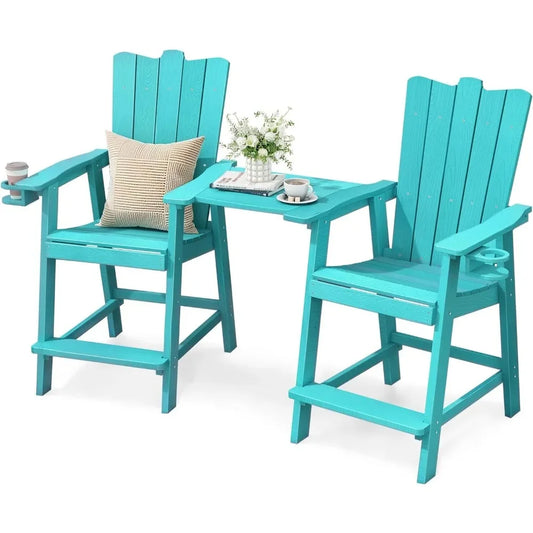 Tall Balcony Chair Set of 2, Patio Adirondack Chairs with Removable Connecting Trays, Outdoor  CupHolder and Umbrella Hole