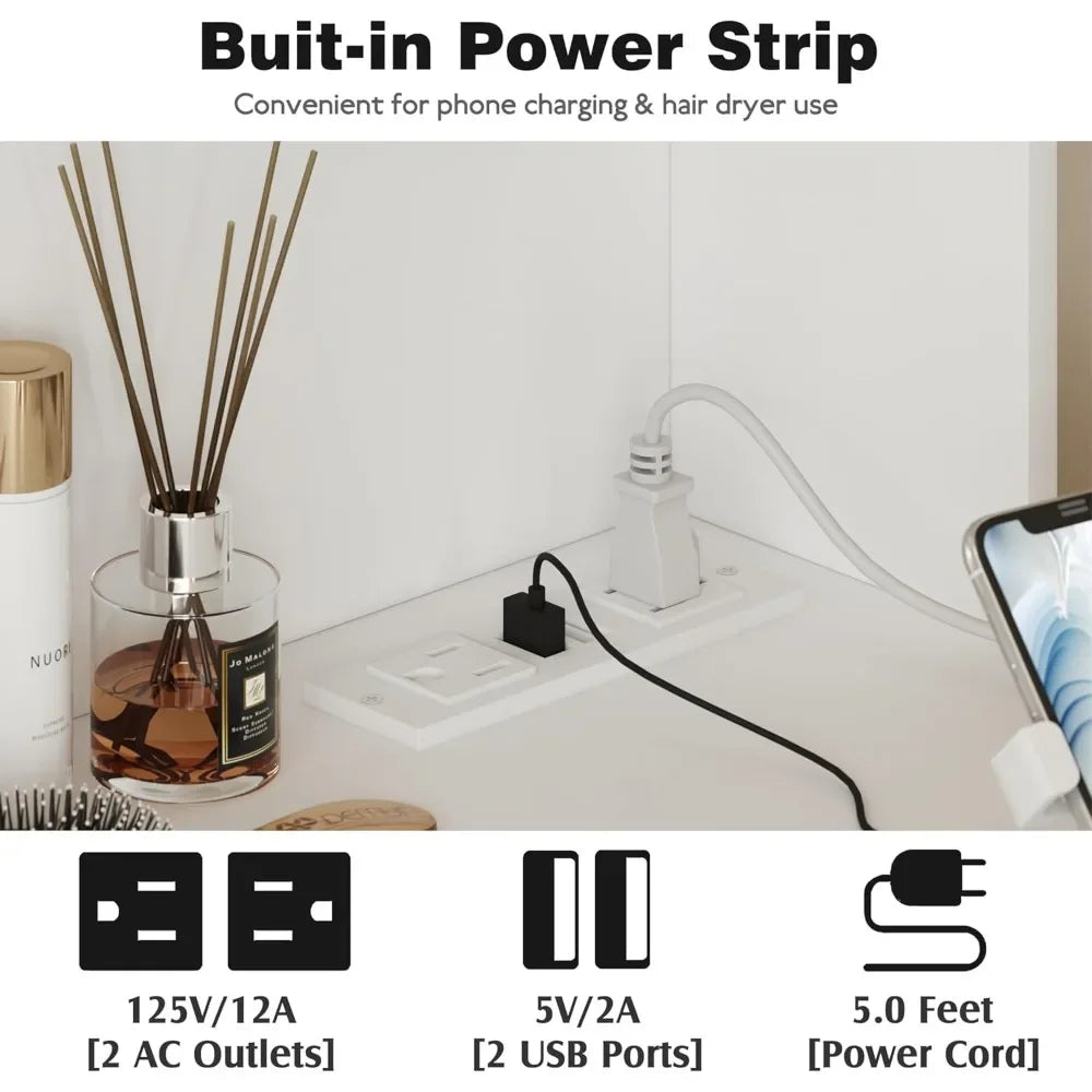 Vanity Desk with Mirror, Power Outlet and 10 Lights, Makeup Table with 7 Drawers, 3 Color Modes Available for Bedroom, White