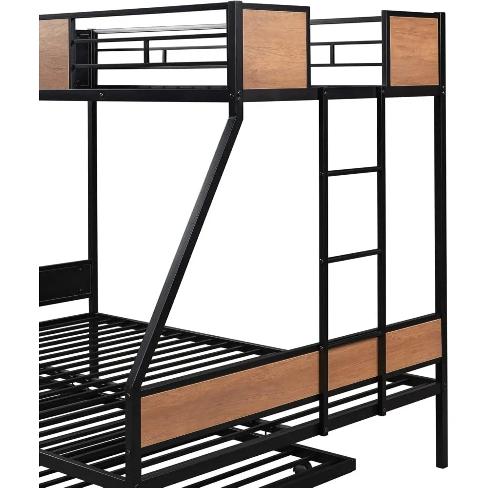 Twin Over Full Bunk Beds with Trundle Bed, Heavy Duty Metal Bed Frame with Safety Rail 2 Side Ladders, No Box Spring Needed