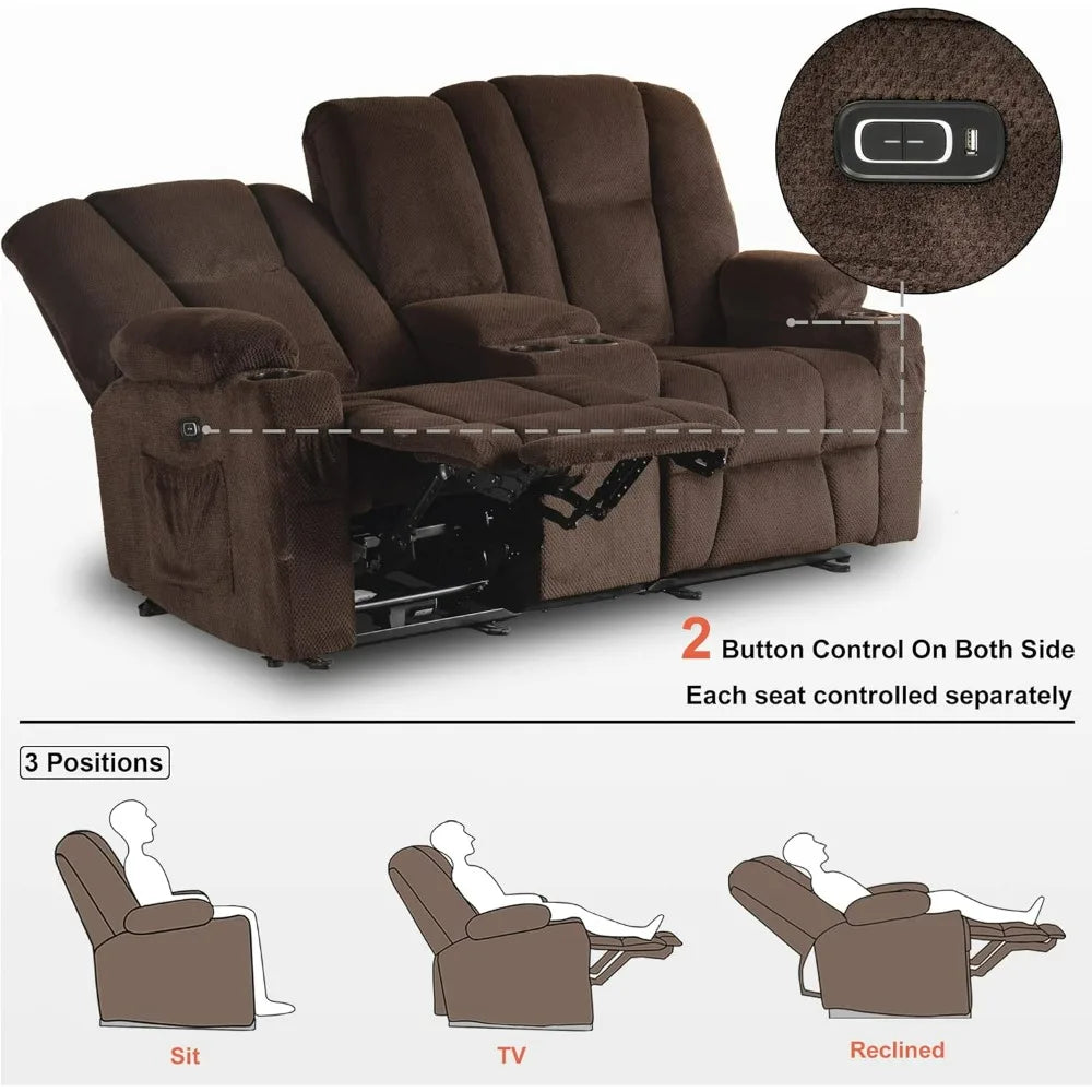 Fabric Power Loveseat Recliner with Console,Electric Reclining Loveseat Sofa with Heat and Massage,Cup Holders,USBChargePort for