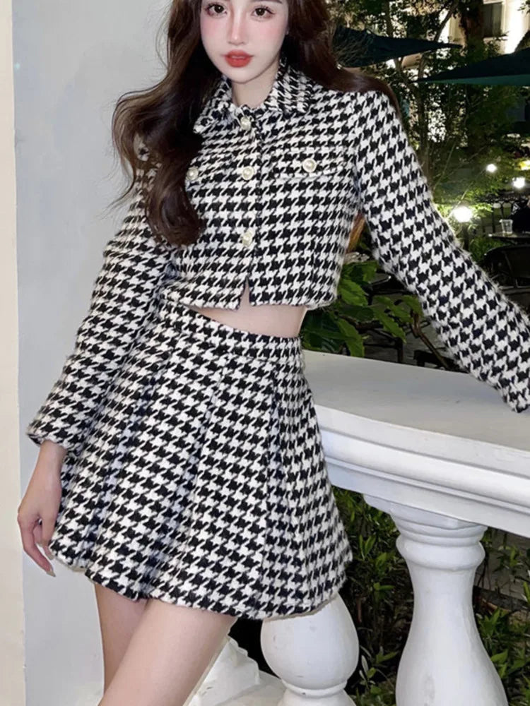 Small Fragrance Vintage Tweed Two Piece Set Women Crop Top Woolen Short Jacket Coat + Mini Skirts Sets Sweet 2 Piece Suits