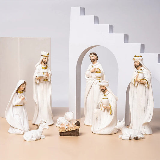 9pcs Christmas Jesus Nativity Scene Manger Figurines Home Decoration Props Office Holy Family Desktop Resin Statue Ornaments