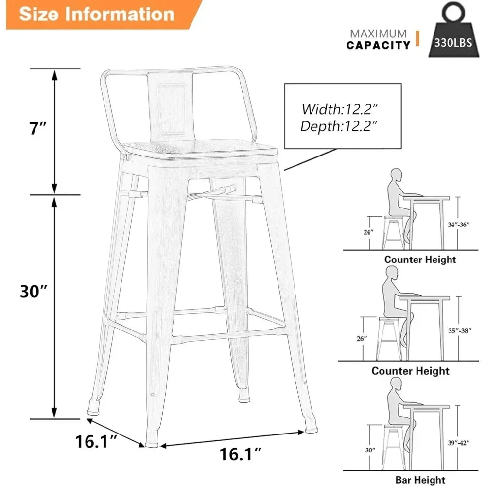 30 Inch Bar Stools Set of 4 Bar Height Metal Barstools with Wood Seat Low Back Kitchen Bar Chairs Matte Black Living Room Chairs