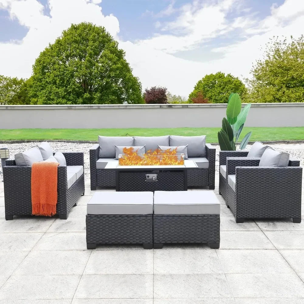 7 Piece Outdoor Furniture Set, Set Non-Slip Cushions & Waterproof Cover, 45 Inch Outdoor Propane Fire Pit Table Patio Sets