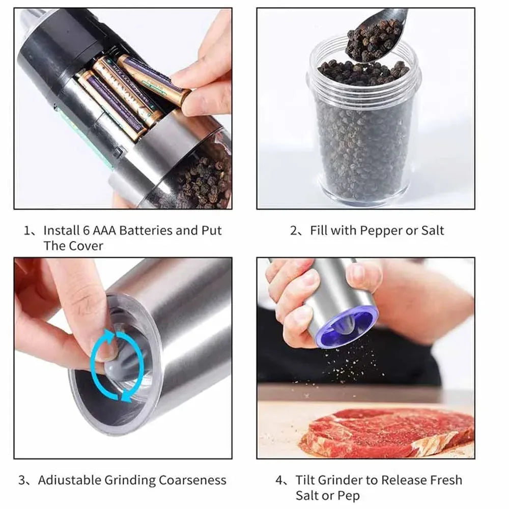 Winholder Stainless Steel Gravity Electric Pepper and Salt Grinder Mill Adjustable Coarseness Battery Powered with LED Light