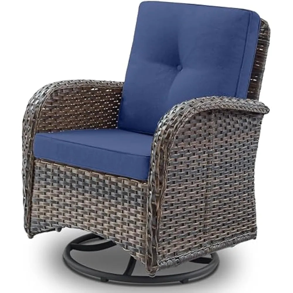 Patio Furniture Swivel Glider PE Wicker Chair, Outdoor Swivel Rocker Seating with Cushions for Porch Deck Balcony, Brown/Blue