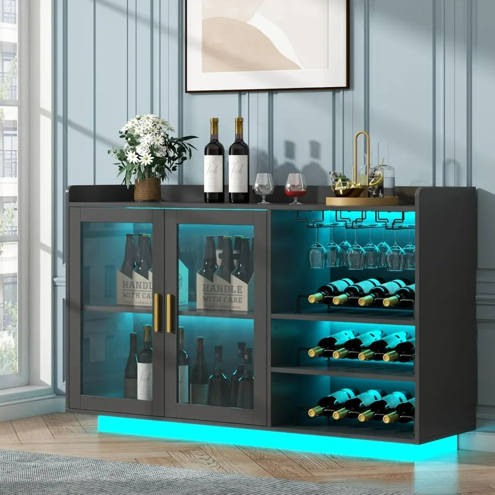 Wine Bar Cabinet with LED Lights, with Glass Rack and Removable Wine Racks, Modern Buffet Sideboard with Storage Shelves