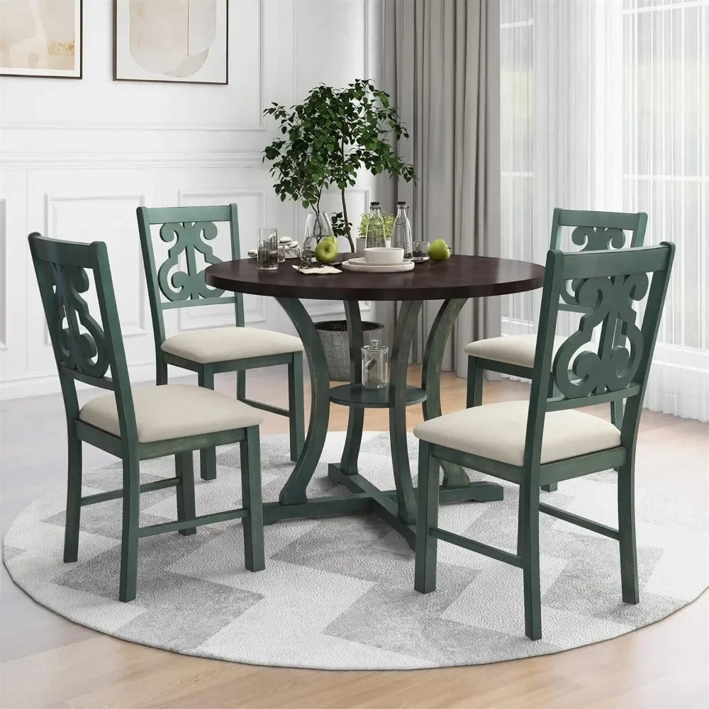 5 Piece Round Dining Table and Upholstered Chair Set with Special-Shaped Legs and Hollow Chair Back for Dining Room