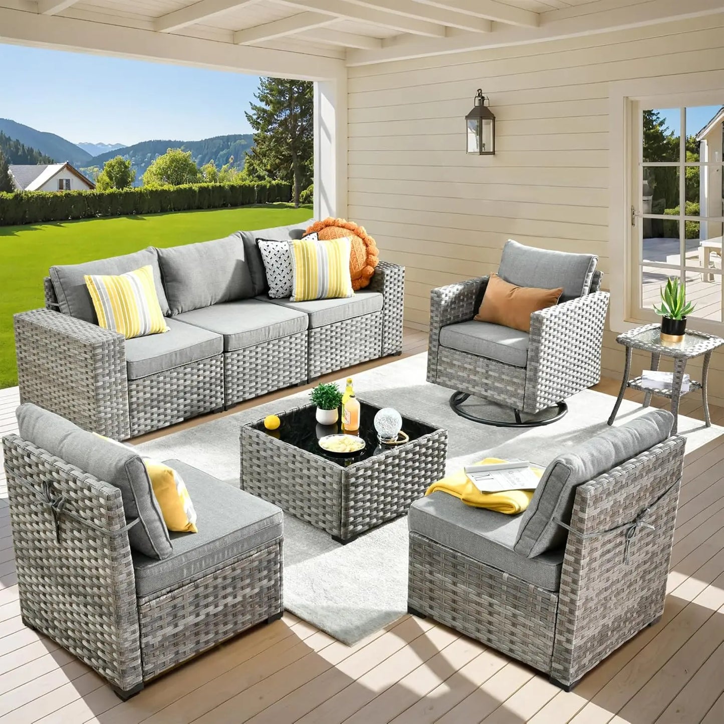 9 Pieces Patio Furniture Set, Outdoor Sectional Sofa with Swivel Rocking Chairs, Wide Arms and Deep Seat, Wicker Rattan Set