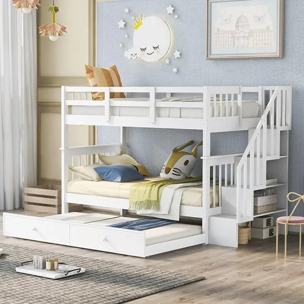 Twin Over Twin Wood Bunk Bed with Drawers and Staircase,Convertible Bunk, Twin Over Full Bunk Bed with Storage Cabinet