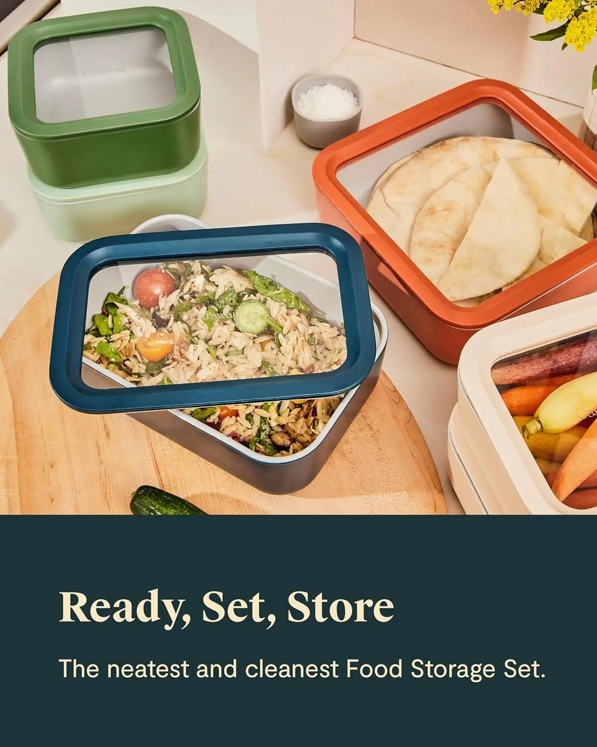 Storage Set, 14 Pieces - Ceramic Coated Food Containers - Easy to Store, Non Toxic Lunch Box Containers with Glass Lids