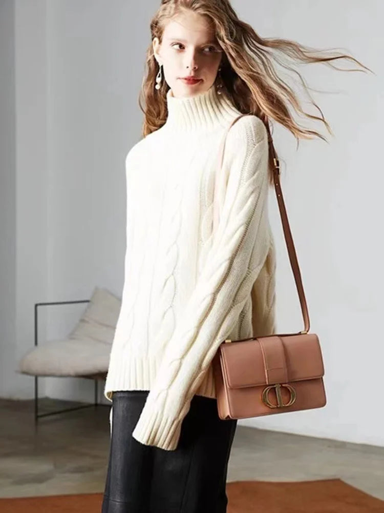 Soft waxy~high neck 100 pure cashmere sweater women's loose thickened lazy style pullover Fried Dough Twists sweater sweater