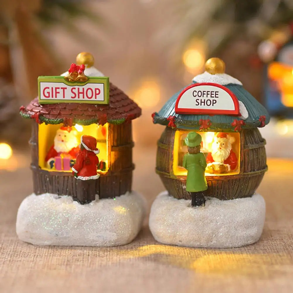 Mini Light-up Christmas Shop with Santa Christmas Winter Village House Ornaments Resin Desktop Figurine Holiday Home Decor