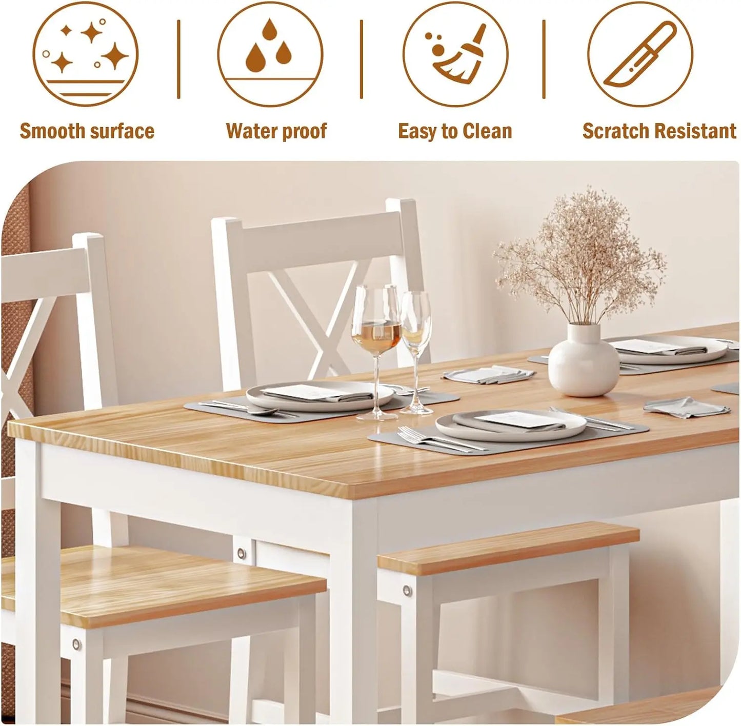 Table Set for 4, 42.5 inch Pine Wood Dining Room Table with 4 Chairs, 5-Piece Kitchen Table Chairs Set for Small Space