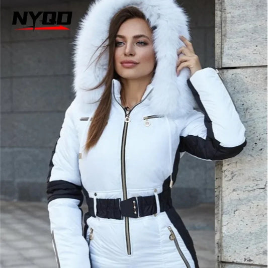 Women One Piece Ski Suit Winter Snowboard Jumpsuit Waterproof Windproof Thicken Hooded Outdoor Sport Wear for Mountain Hiking