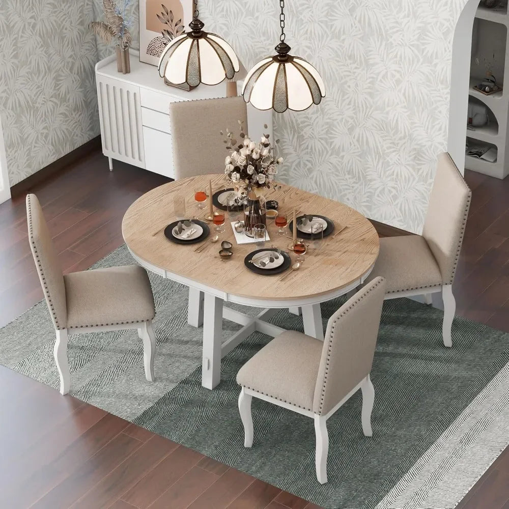 5-Piece Farmhouse Dining Table Set Wood Round Extendable Dining Table and 4 Upholstered Dining Chairs Suitable for living room