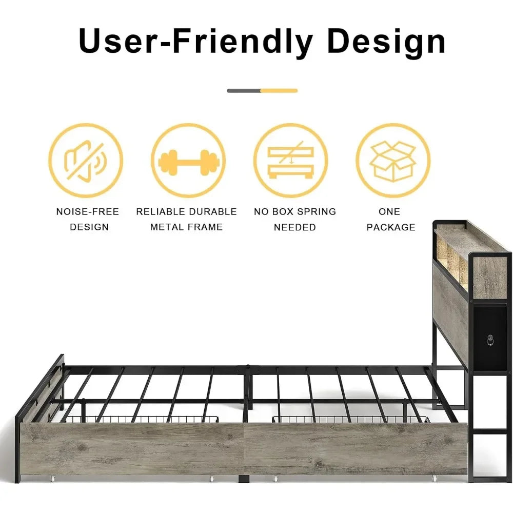 Full Bed Frame with Bookcase Headboard and 2 Drawers LED Lights Metal Platform Non-Slip Without Noise Strong Metal Slats Support