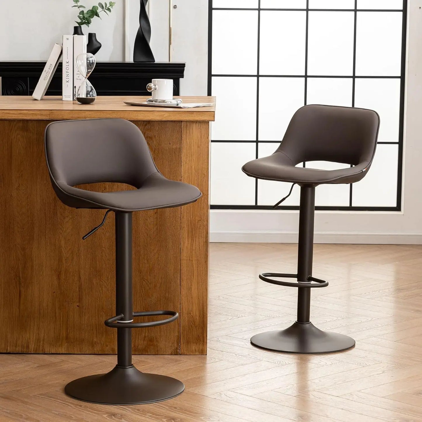 Bar Stools Set of 2, Adjustable Swivel Counter Height Bar Stools Faux Leather Upholstered Counter Stools with Back, Bar Chair