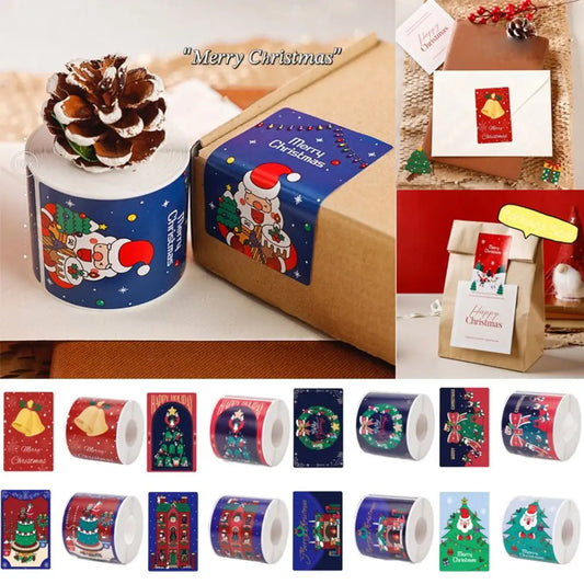 200PCS Multicolor Merry Christmas Stickers Cartoon Pattern Gift Wrapping Decals Christmas Tags Ornament Rectangle