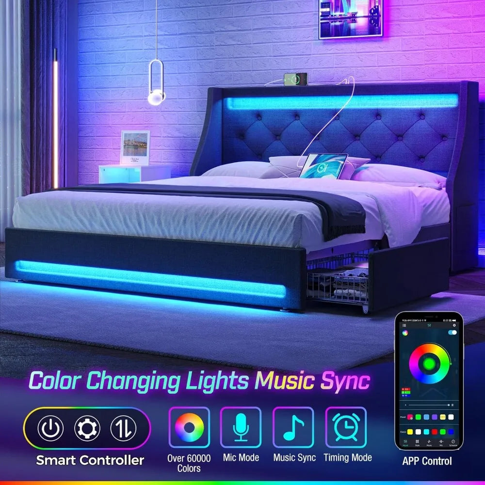 Full Bed Frame with LED Lights and Charging Station, Upholstered Bed with Drawers, Wooden Slats, Noise Free, Easy Assembly