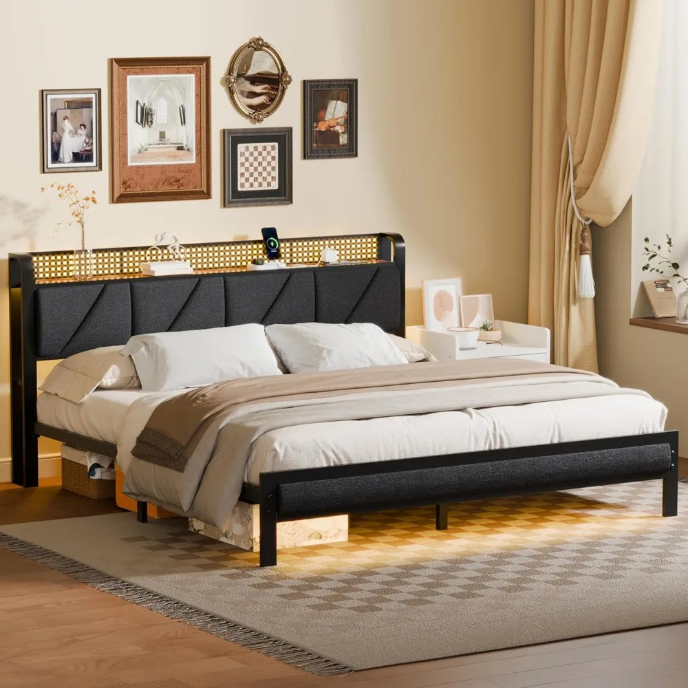 King Bed Frame with Headboard and LED Light, Upholstered Platform with Power Outlet and USB Port, King Size Bed